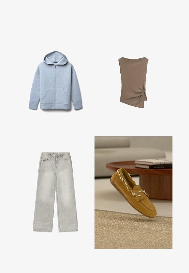 Hellgraue Zip-Hoodie aus weichem Material mit großer Kapuze, zwei vorderen Taschen sowie geripptem Saum und Bündchen.; Ärmelloses taupefarbenes Top mit Boot-Ausschnitt und asymmetrischem Saum, mit einem gerafften Seitendetail, das mit einer silbernen Schnalle befestigt ist.; Grau melierte Jeans mit weitem Bein, verwaschenem Finish, fünf Taschen und metalfarbenen Details. Der Stoff hat eine weiche Textur und einen sauberen Saum.; Hellbrauner Wildleder-Slipper mit weißen und schwarzen Schnürsenkeln aus Seil, positioniert über einem beigen gewebten Teppich neben einem Holzcouchtisch mit Büchern.