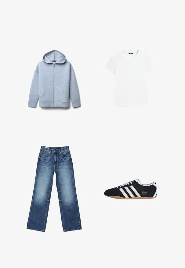 Hellgraue Zip-Hoodie aus weichem Material mit großer Kapuze, zwei vorderen Taschen sowie geripptem Saum und Bündchen.; Schlichtes weißes T-Shirt mit kurzen Ärmeln und rundem Halsausschnitt, flach auf weißem Hintergrund ausgelegt.; Blaue Denim-Jeans mit verwaschener Optik auf den Oberschenkeln, geradem, weitem Bein, vorderer Knopfleiste, Reißverschluss und Fünf-Taschen-Stil.; Schwarze Wildledersneaker mit drei weißen Streifen, goldenem Logo und brauner Gummisohle. Merkmale ein niedrigprofiliertes Schnürdesign.
