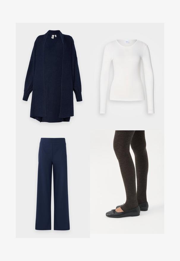 YAS YASJUVA LONG CARDIGAN - Kardigan - navy blazer; Valge pika varrukaga särk, mis on valmistatud pehmest ja siledast kangast; sellel on ümar kaelus ja lähedane lõike, ilma mustrite või kaunistusteta.; Tumesin sinised laiad püksid elastse vöökohaga, siledast materjalist ja kahe küljetaskuga, loodud mugavuse ja liikumise vabaduse tagamiseks.; Jalad seljas tumedad soonelises soonelises kombines mustade baleriinadega, millel on väikesed paelade detailid valgel taustal.