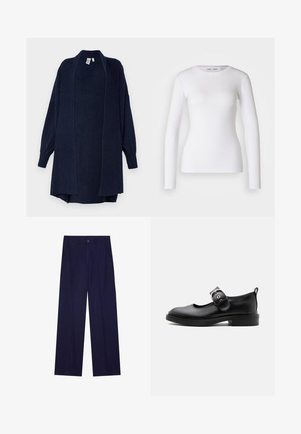 YAS YASJUVA LONG CARDIGAN - Kardigan - navy blazer; Valge pika varrukaga särk on valmistatud ribakudumist, millel on ümmargune kaelus ja keha lähedane lõige. Muster või kaunistused puuduvad.; Tumed sinise värvi laiad püksid, valmistatud pehmest kangast, millel on ühe nupuga sulgemine ja kaks eesmist taskut. Sile tekstuur ilma mustriteta.; Mustast nahast Mary Jane king paksu taldiga, ümar nina, hõbedase pandlaga rihma ja tagumise tõmblukuga.
