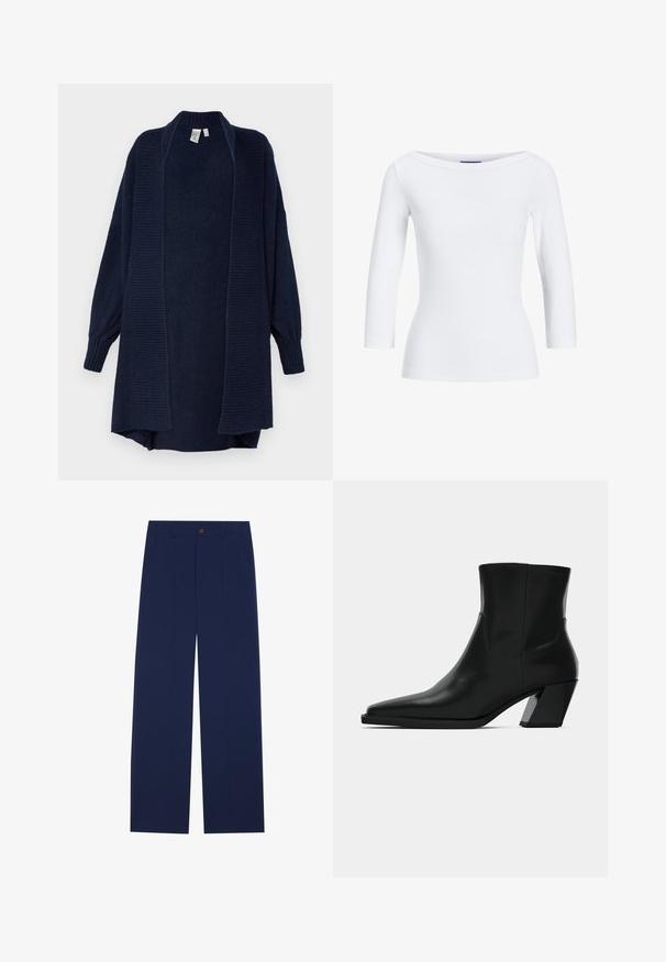 YAS YASJUVA LONG CARDIGAN - Kardigán - navy blazer; Biela rebrovaná blúzka s dlhým rukávom a lodičkovým výstrihom. Tkanina je hladká, priliehavá a má čisté zakončenie na manžetách a leme.; Námornícky modré nohavice s širšími nohavicami vyrobené z hladkej textílie, s prednými vreckami, gombíkovým zapínaním a strihom s pregibmi.; Čierna kožená členková topánka s špicatou špičkou, elegantným siluetou a masívnym štvorecovým podpätkom. Hladký povrch s minimálnymi švovými detailmi.