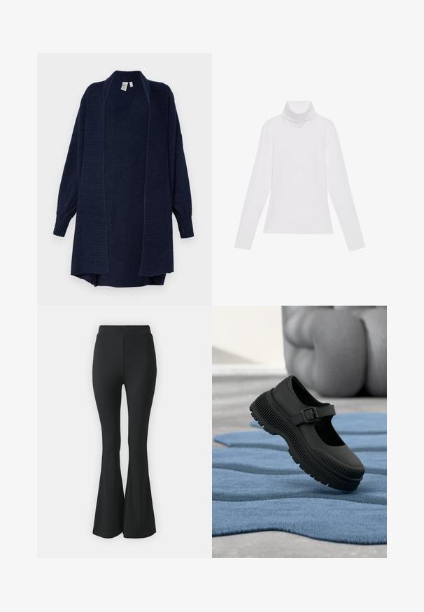 YAS YASJUVA LONG CARDIGAN - Ζακέτα - navy blazer; Λευκή μακρυμάνικη μπλούζα με ψηλό λαιμό από λείο, ελαστικό ύφασμα. Διαθέτει ψηλό γιακά και εφαρμοστή σχεδίαση, χωρίς ορατά σχέδια ή διακοσμητικά.; Μαύρο φαρδύ παντελόνι από ελαστικό υλικό. Διαθέτει ψηλή μέση και μια απλή, εφαρμοστή σχεδίαση που ανοίγει από το γόνατο και κάτω.; Μαύρο παπούτσι στυλ Mary Jane με χοντρή ραβδωτή σόλα και λουράκι με αγκράφα, τοποθετημένο πάνω σε υφασμάτινο μπλε χαλί με θολό φόντο.