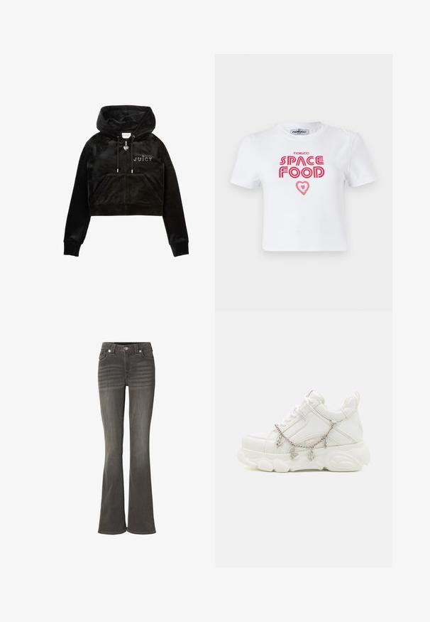 Zwarte korte hoodie van zacht fluweel met een rits aan de voorkant, een capuchon met trekkoorden, twee zakken aan de voorkant en de letters "JUICY" op de borst.; Witte katoenen t-shirt met rode grafische tekst die "SPACE FOOD" leest met een hartaccent, korte mouwen en een ronde hals.; Grijze flare jeans van denim, met een klassiek ontwerp met vijf zakken, zichtbare stiksels en een ritssluiting met metalen knoop.; Witte sneakers met een dikke zool, een gestructureerde leren bovenkant en een decoratieve metalen ketting met bedels. Voorzien van vetersluiting en een gevoerd kraagje.
