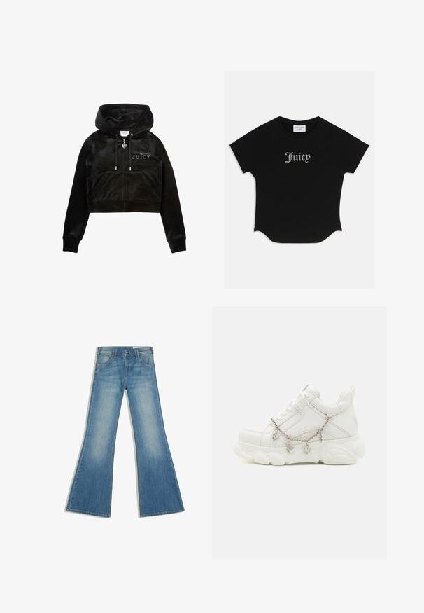 Schwarzer, kurz geschnittener Hoodie aus weichem Samt mit Frontreißverschluss, verstellbarer Kapuze, zwei Fronttaschen und der Aufschrift "JUICY" auf der Brust.; Schwarzes T-Shirt mit kurzen Ärmeln, abgerundetem Saum und Raglanärmeln. Auf der Vorderseite mit verzierten "Juicy"-Text in Strass-Steinen.; Blaue Denim-Jeans mit ausgestelltem Bein, Vordertaschen und Knopfverschluss, gezeigt vor weißem Hintergrund.; Weiße Sneakers mit dicker Sohle, strukturiertem Obermaterial aus Leder und dekorativer Metallkette mit Anhängern. Sie verfügen über eine Schnürung und einen gepolsterten Kragen.