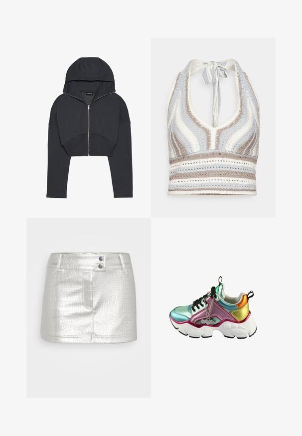 Korte zwarte hoodie van zacht materiaal met een ritssluiting aan de voorkant, grote capuchon en geribbelde manchetten. Heeft een minimalistisch ontwerp zonder patronen.; Haken haltertop met lichtblauwe, beige en witte strepen, een diepe V-halslijn en een strik aan de achterkant. Open geweven textuur door het hele ontwerp.; Zilveren faux leren rok met een gestructureerd krokodillenpatroon, voorzien van twee blauwe knoopaccenten en een aansluitend ontwerp.; Multikleur sneaker met een glanzende bovenkant, bestaande uit een mix van mintgroen, roze en goud. Stevige witte zool met zwarte accenten en kettingdetail.