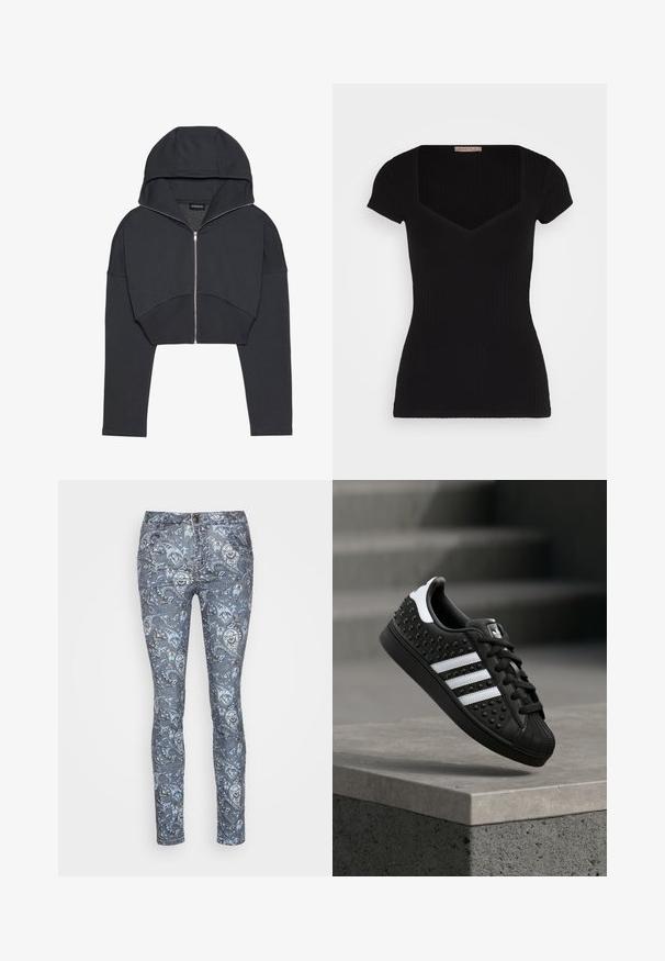Korte zwarte hoodie van zacht materiaal met een ritssluiting aan de voorkant, grote capuchon en geribbelde manchetten. Heeft een minimalistisch ontwerp zonder patronen.; Zwarte geribbelde top met korte mouwen, een diepe vierkante halslijn en een aansluitende silhoutte. Beschikt over een gladde textuur en minimale ontwerpelementen.; Mos Mosh PAISLEY PANT - Broek - big dipper; Zwarte sneaker met witte strepen, gestikte textuur op het bovenwerk, rubberen zool en gebreide neuskap. Voorzien van veters aan de voorkant en een logodetail op de tong.