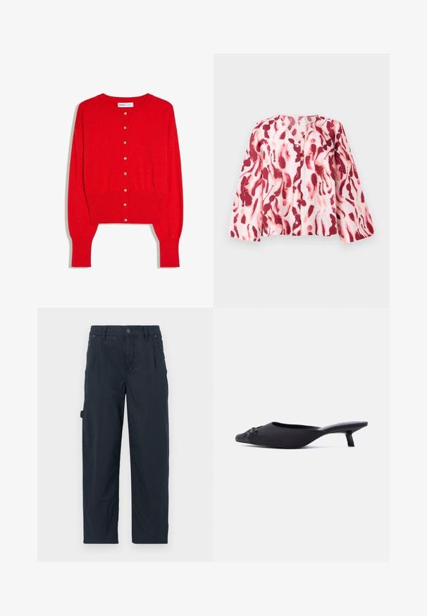 Cardigan rouge à manches longues coupé court avec encolure ronde, poignets et ourlet côtelés, et boutons blancs sur le devant.; Blouse rose clair avec un motif abstrait rouge et corail audacieux, présentant un col en V et des boutons sur le devant, le tout sur un fond neutre.; Pantalons cargo bleu marine en tissu respirant, dotés d'une fermeture à bouton, de poches latérales et d'une coupe décontractée avec des jambes droites.; Mule pour femmes noires avec bout pointu, empeigne en tissu, petit talon bobine et un nœud décoratif à l'avant, présenté en profil latéral.