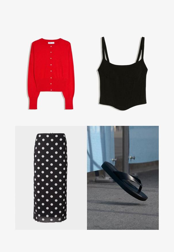 Cardigan rouge à manches longues coupé court avec encolure ronde, poignets et ourlet côtelés, et boutons blancs sur le devant.; Crop top noir moulant sans manches avec encolure carrée et bretelles doubles, avec des détails de couture subtils.; Jupe midi noire à pois, fabriquée en tissu léger avec des motifs circulaires blancs, dotée d'une taille ajustée et d'un subtil bord festonné.; Tongs noires suspendues en l'air au-dessus de l'asphalte, avec des panneaux de tissu bleu et des poteaux métalliques en arrière-plan.
