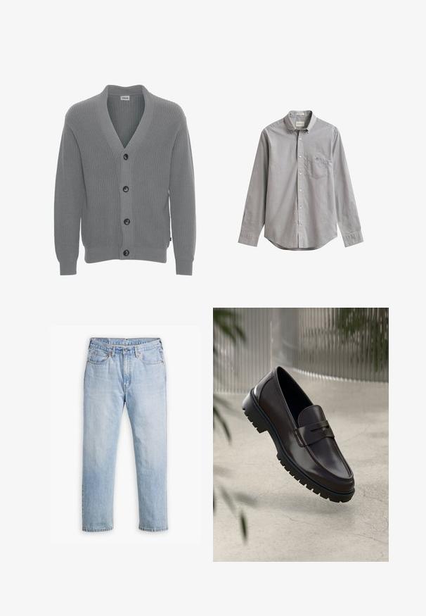 Solid SDGORE - Vest - griffin melange; Lichtgrijs overhemd met lange mouwen, knopen, kraag, voorzak en klein logo op de zak, plat gelegd op een witte achtergrond.; Lichtblauwe denim jeans met een recht model, vijf zakken en contrasterende stiksels. Knopen- en ritssluiting bij de taille.; Bruine leren loafers met een getextureerde, geribbelde rubberen zool. Beschikt over een slank ontwerp en een decoratieve band over de wreef.