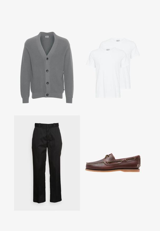 Solid SDGORE - Cardigan - griffin melange; To ensfarvede hvide T-shirts med korte ærmer og rund hals, der overlapper hinanden på en hvid baggrund.; Sorte bukser lavet af et glat stof med lige ben, bæltestropper og to sidelommer. Klassisk look uden udsmykninger.; Brun læder bådsko med hvide sømme, snøre detaljer og lysbrun gummisål, vist fra siden på hvid baggrund.