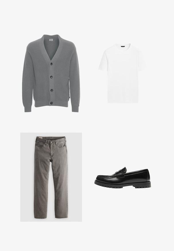 Solid SDGORE - Vest - griffin melange; Witte katoenen t-shirt met een ronde hals, korte mouwen en een rechte snit. Heeft een gladde, lichtgewicht textuur en geen zichtbare patronen.; Grijze denim jeans met een rechte snit, vijf-pocket ontwerp en knoopsluiting; geen zichtbare patronen of accenten; licht vervaagde afwerking.; Zwarte leren loafer met een dikke rubberen zool en klassieke penny-strap details, gezien vanaf de buitenkant.