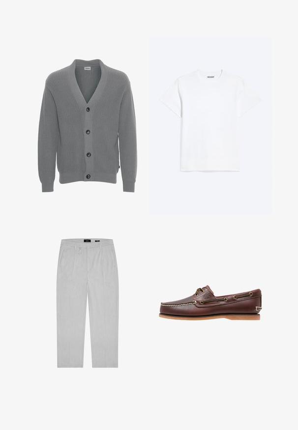 Solid SDGORE - Chaqueta de punto - griffin melange; Camiseta blanca lisa de manga corta con cuello redondo y una etiqueta "WEEKDAY" en el interior del cuello trasero, mostrada sobre un fondo claro.; Pantalones gris claro con una textura sutil, con pliegues frontales, bolsillos laterales y un lazo para cinturón. Diseño de pierna recta, estilo minimalista.; Zapato náutico de cuero marrón con costuras blancas, detalles de cordones y suela de goma color coñac, mostrado de lado sobre un fondo blanco.
