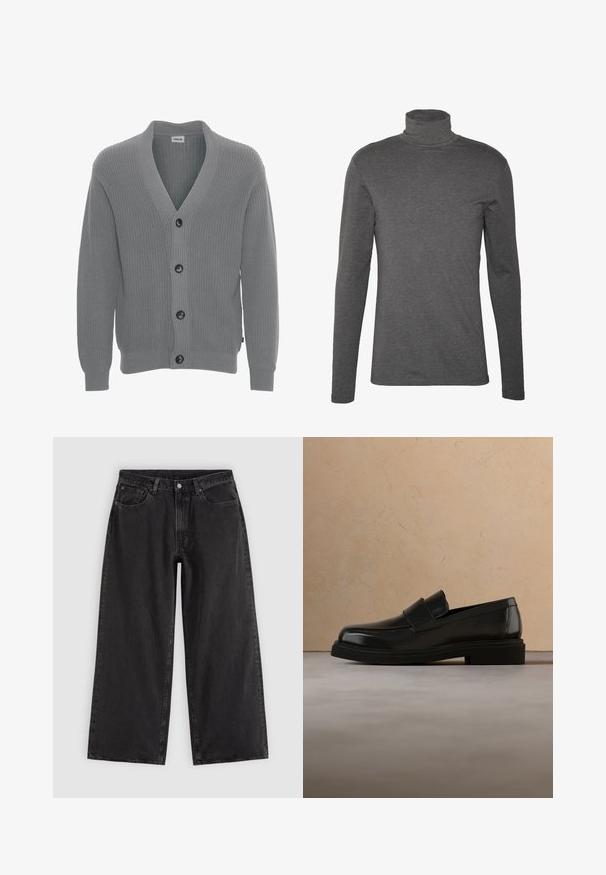 Solid SDGORE - Chaqueta de punto - griffin melange; Camisa de cuello alto de manga larga en gris, hecha de una tela suave, con un diseño ajustado y detalles de costura mínimos alrededor del cuello y los puños.; Vaqueros negros de pierna ancha con bolsillos delanteros, trabillas para cinturón y cierre de botones, mostrados sobre un fondo liso y claro.; Mocasín de cuero negro flotando sobre una alfombra beige texturizada, con una mesa de centro redonda de madera y libros al fondo.