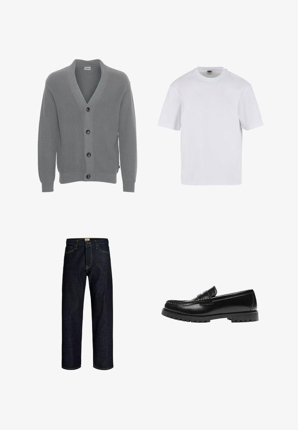 Solid SDGORE - Cardigan - griffin melange; Hvid kortærmet t-shirt lavet af bomuld. Har en rund halsudskæring og en afslappet pasform. Glat tekstur, minimalistisk design, ingen mønstre eller accenter.; Mørkeblå jeans med lige ben, gul syning, frontknap og lynlås, samt design med fem lommer.; Sort læderloafer med en kraftig gummisål og klassiske penny-strap detaljer, vist fra ydersiden.