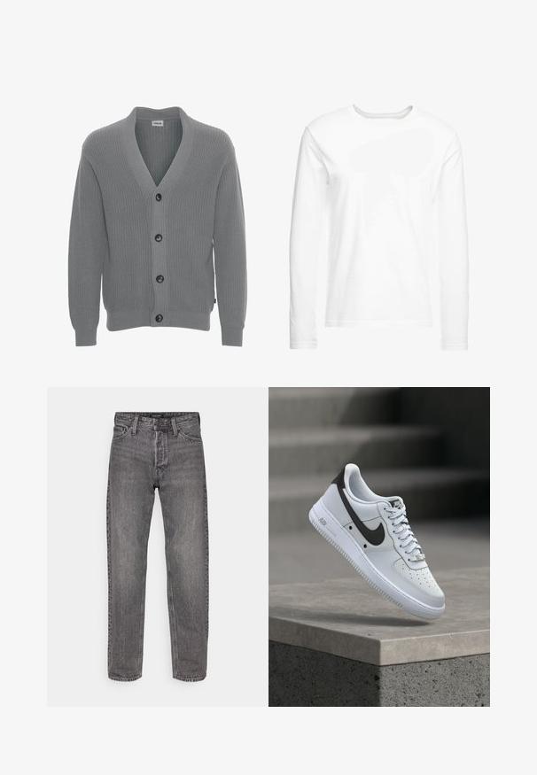Solid SDGORE - Chaqueta de punto - griffin melange; Camiseta blanca de manga larga hecha de algodón suave. Cuello redondo con dobladillos rectos y sin patrones ni gráficos visibles.; Jeans de denim gris con corte recto, cinco bolsillos y una textura ligeramente desgastada. Cuenta con una cinturilla con marca y herrajes estándar.; Zapatilla blanca Nike Air Force 1 con logo Swoosh negro, flotando sobre un saliente de hormigón con escaleras difuminadas al fondo.