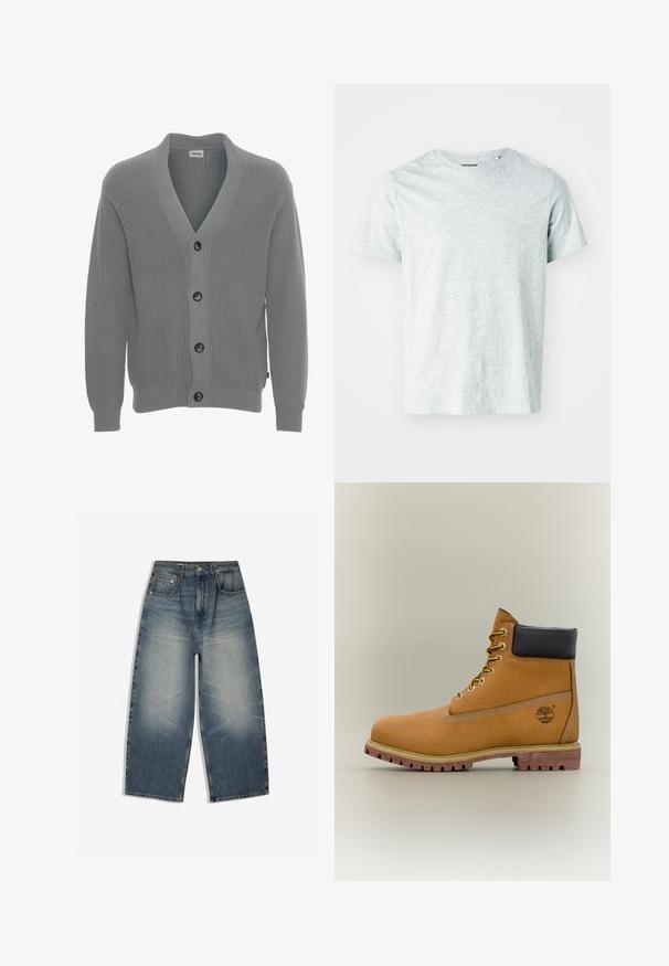 Solid SDGORE - Cardigan - griffin melange; Lys grå, kortærmet t-shirt lavet af blødt stof, med en rund hals og en let afslappet pasform. Ingen synlige mønstre eller grafik.; Bredbenede blå denimjeans med falmet front, design med fem lommer, bæltestropper og knappelukning lagt fladt på en hvid baggrund.; Brun læderankelstøvle med sort krave, gule snørebånd og tanfarvet sål. Har logo og hvide syninger som detalje. Robust ydersål med greb.