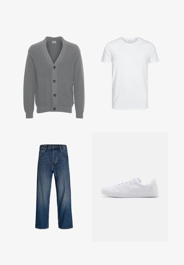 Solid SDGORE - Vest - griffin melange; Ronde hals kortemouwen t-shirt in effen wit, gemaakt van zachte katoen, heeft een eenvoudig ontwerp zonder zichtbare patronen of accenten.; Denim jeans met een recht model, donkere blauwtint en subtiele vervaging. Voorzien van vijf zakken en een knoopsluiting.; Witte canvas sneakers met een rubberen zool, voorzien van zes oogjes, een gestructureerde neuskap en een minimalistisch ontwerp.