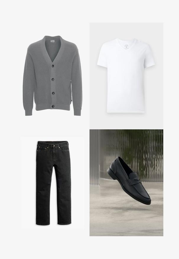 Solid SDGORE - Kardigan - griffin melange; Valge puuvillane lühikeste varrukatega V-kaelusega T-särk, millel on kaeluse sees Armani Exchange silt, esitletud ühetoonilise tausta ees.; Mustavad sirged teksapüksid viie tasku, vöödega ja nupuga lukuga vöökohal, laialivalguva valge tausta peal.; Mustast nahast jalanõu, sileda viimistlusega, terava ninaga ja vändas nähtava õmblusega. Madal konts ja minimalistlik disain.