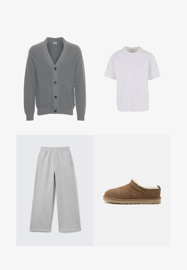 Solid SDGORE - Vest - griffin melange; Witte T-shirt met korte mouwen van zacht katoen, met een ronde halslijn en een ontspannen pasvorm met rechte zoom. Geen patronen of accenten zichtbaar.; Lichtgrijze sweatpants met wijde pijpen, elastische tailleband en zijzakken, weergegeven op een effen achtergrond.; Bruine suède instapslof met beige zool en witte fleece voering, ontworpen voor warmte en comfort binnenshuis.