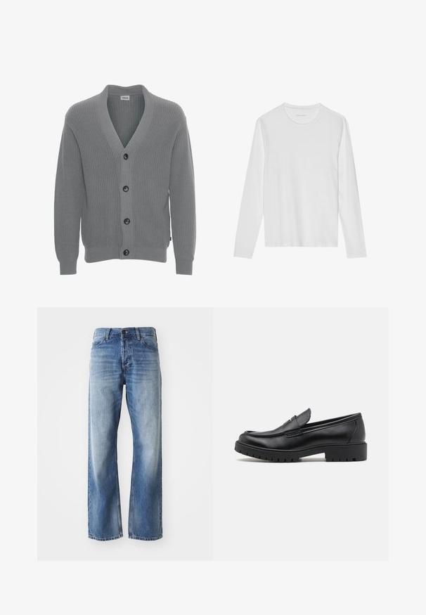 Solid SDGORE - Cardigan - griffin melange; Langærmet hvid T-shirt lavet af blød bomuld, med rund halsudskæring og en glat tekstur uden synlige mønstre eller accenter.; Blå denim straight-leg jeans med let fading på lårene og knæene, med fem lommer og en knaplukning.; Sorte læder loafers med rund tå, slip-on design og tyk gummisål med tekstureret greb. Forhøjet hæl og subtile syninger.
