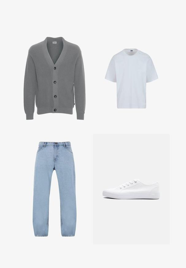 Solid SDGORE - Cardigan - griffin melange; Hvid bomulds T-shirt med rund halsudskæring, korte ærmer og lige snit. Har subtile syningsdetaljer på skuldrene.; Lys blå denimjeans med et lige ben-design, der har fire lommer, en lynlås og detaljer i gul syning.; Lavtop hvid lærredsneaker med hvide snørebånd, gummisål og metaløjer, vist fra ydersiden på en ensfarvet baggrund.