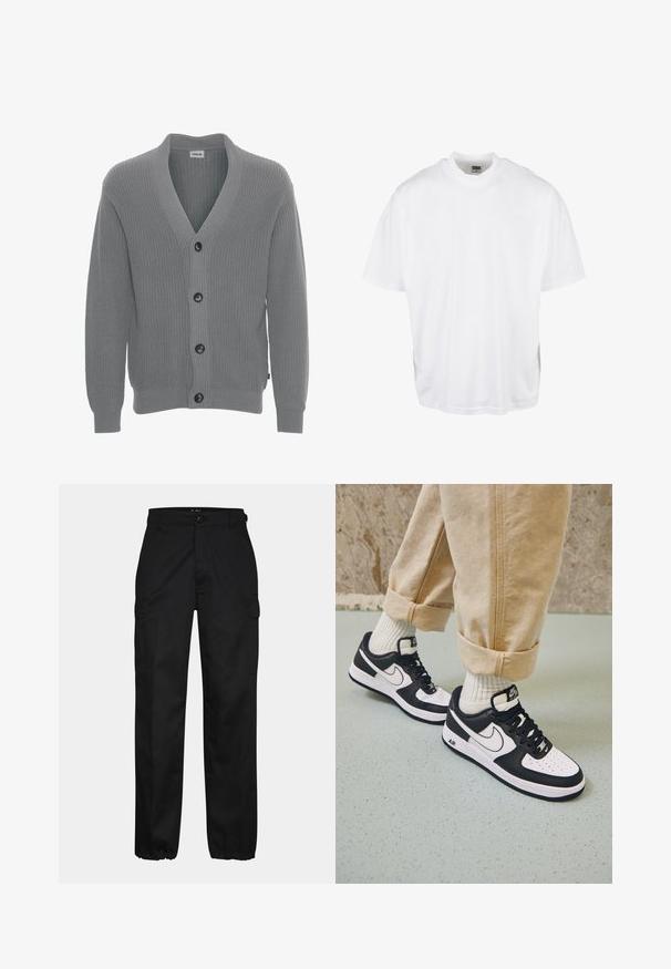 Solid SDGORE - Chaqueta de punto - griffin melange; Camiseta de algodón blanca con un corte relajado, mangas cortas y cuello redondo, que presenta un dobladillo recto y sin gráficos ni patrones visibles.; Pantalones cargo negros con corte recto, con bolsillos laterales, cierre de botón y puños elásticos en los tobillos. Fabricados con material resistente.; Zapatillas Nike Air Force 1 en blanco y negro con parte superior de cuero, puntera perforada y detalle de suela texturizada, combinadas con pantalones beiges remangados y calcetines blancos.
