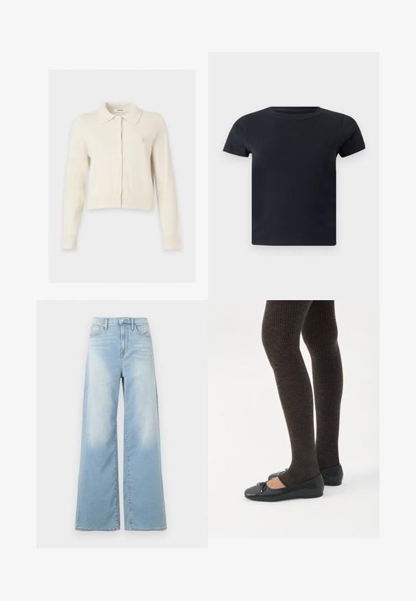 Cardigan crème à manches longues avec col et boutons sur le devant, avec un petit logo brodé sur la poitrine.; T-shirt noir à manches courtes avec col rond et ourlet droit, présenté sur un fond blanc uni.; Jean large bleu clair à taille haute, avec boutons à l'avant et poches, présenté sur un fond blanc.; Jambes portant des leggings côtelés foncés associés à des ballerines noires avec de petits détails en nœud sur fond blanc.