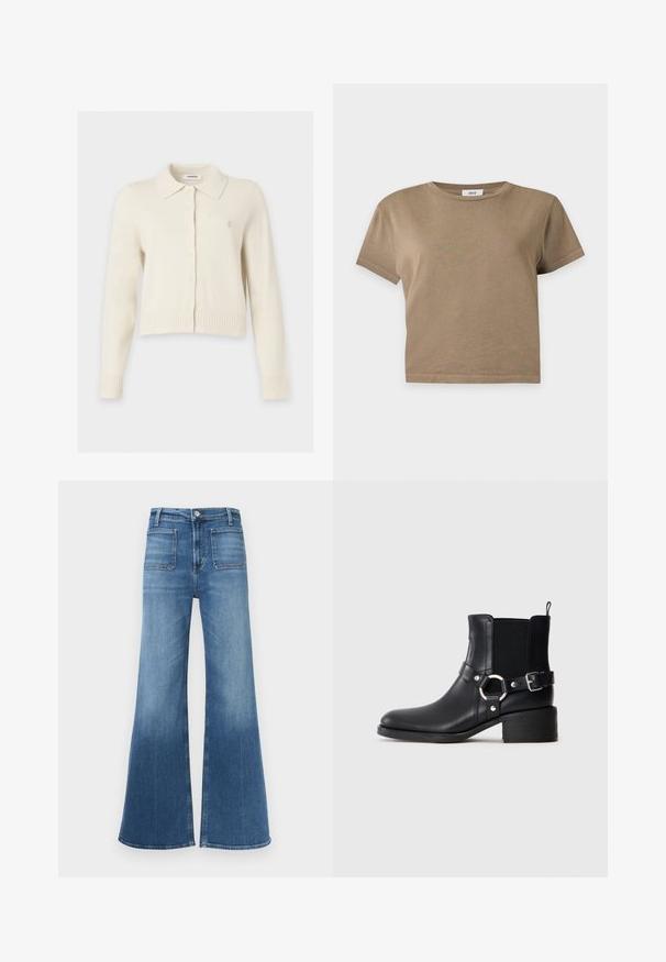 Cardigan crème à manches longues avec col et boutons sur le devant, avec un petit logo brodé sur la poitrine.; T-shirt court marron uni à manches courtes avec col rond sur fond gris clair.; Jean en denim bleu évasé avec taille mi-haute, cinq poches et un délavage usé. Comporte des passants de ceinture et une fermeture à un bouton.; Bottine en cuir noir avec boucles latérales et détail en anneau, panneau latéral élastique, petit talon carré et languette de tirage sur fond uni.