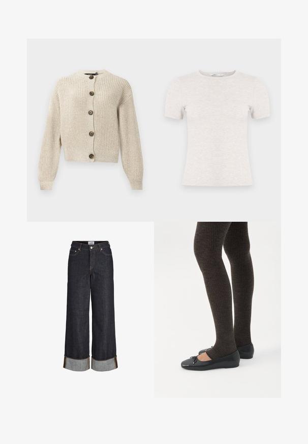Gilet en tricot beige avec des manches longues et cinq grands boutons marron sur le devant, présentant un col et des poignets côtelés.; T-shirt gris clair à manches courtes en tissu côtelé avec un col rond. Design simple, texture lisse, sans motifs ni accents visibles.; Jean large bleu foncé avec ourlets retroussés, cinq poches et surpiqûres contrastantes jaunes.; Jambes portant des leggings côtelés foncés associés à des ballerines noires avec de petits détails en nœud sur fond blanc.