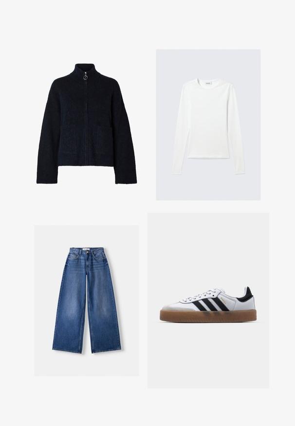 Sort, blød jakke med lynlås, høj krave, lange ærmer, to forlommer og sølvfarvet ring på lynlåsen.; Langærmet, enkel hvid T-shirt med rund halsudskæring og tætsiddende pasform, vist mod en lysegrå baggrund.; Bredbenet blå denimjeans med forlommer, bæltestropper og knaplukning, lagt fladt på en lys baggrund.; Hvide lædersneakers med sorte striber, gummirubber sål, rund tå, snørelukning og blød grå ruskinds tåhætte.
