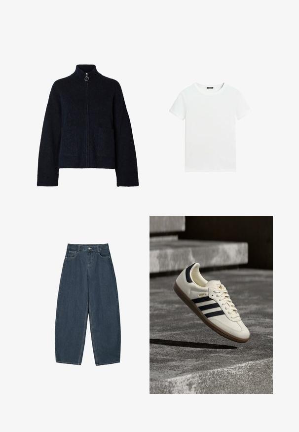 Sort, blød jakke med lynlås, høj krave, lange ærmer, to forlommer og sølvfarvet ring på lynlåsen.; Almindelig hvid T-shirt med korte ærmer, rund halsudskæring og lille sort label inden i kraven.; Mørkeblå denim buede bukser med høj talje, som har fem lommer og synlige stingdetaljer. Ren, minimalistik design.; Hvid Adidas Samba sneaker med sorte striber og gummsål, svævende over teksturerede grå betonstrin.