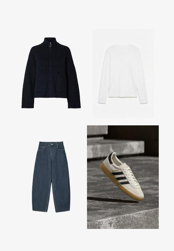 Sort, blød jakke med lynlås, høj krave, lange ærmer, to forlommer og sølvfarvet ring på lynlåsen.; Helt hvid langærmet t-shirt med rund hals lagt fladt på en hvid overflade, der viser fronten og hele ærmelængden.; Mørkeblå denim buede bukser med høj talje, som har fem lommer og synlige stingdetaljer. Ren, minimalistik design.; Hvid Adidas Spezial sneaker med sorte striber og gummisål, svævende over grå stentrin udendørs.