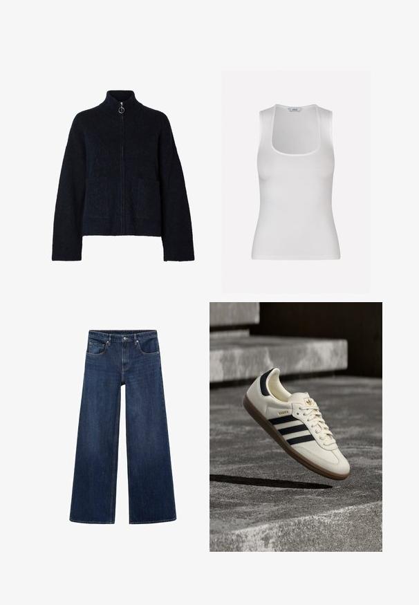 Sort, blød jakke med lynlås, høj krave, lange ærmer, to forlommer og sølvfarvet ring på lynlåsen.; Envii MARTA TEE - Top - white; Mørkeblå bredbenede jeans lavet af denim, med forlommer, bæltesløjfer og knaplukning i taljen.; Hvid Adidas Samba sneaker med sorte striber og gummsål, svævende over teksturerede grå betonstrin.