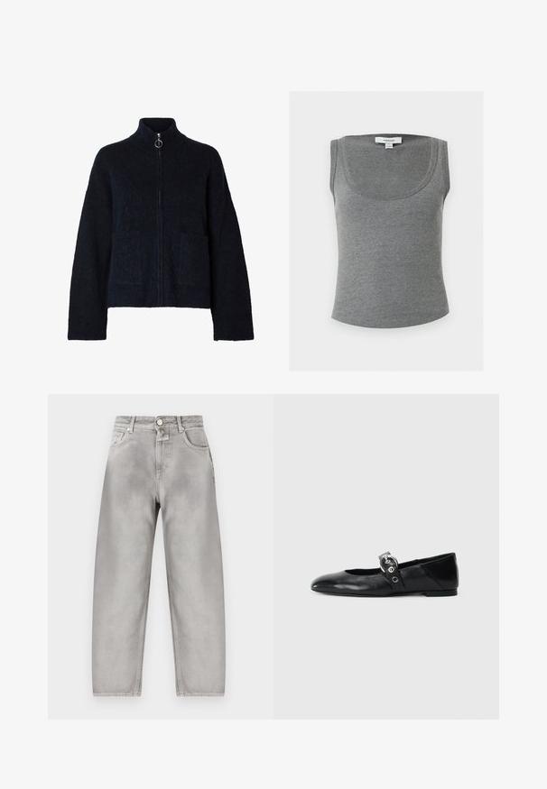 Sort, blød jakke med lynlås, høj krave, lange ærmer, to forlommer og sølvfarvet ring på lynlåsen.; Grå ribbet ærmeløs tanktop med rund halsudskæring, med et lille hvidt Topshop-mærke i nakken indvendigt.; Lysegrå jeans med høj talje, lige ben, forrest med knapper, lynlås og design med fem lommer.; Sorte læder balletflade med spids tå, udstyret med en rem med en cirkulær metallisk spænde og en flad sål.