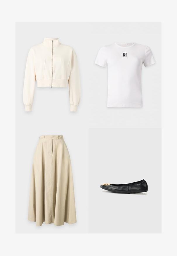 Veste courte écrue à manches longues, col montant, fermeture éclair devant, poignets et ceinture côtelés sur fond uni.; T-shirt blanc à manches courtes avec un petit logo noir brodé au centre de la poitrine et un col rond.; Jupe midi beige coupe trapèze avec une taille haute, une fermeture avant dissimulée et des détails de couture subtils, présentée sur un fond uni.; Ballerine en cuir noir avec un bout arrondi, présentant un accent en métal doré sur le bout, une texture lisse et une semelle flexible.