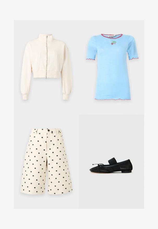 Veste courte écrue à manches longues, col montant, fermeture éclair devant, poignets et ceinture côtelés sur fond uni.; Haut tricot à manches courtes bleu clair avec bords festonnés rouges et petites fraises brodées sous l'encolure.; Shorts couleur crème longueur genou à pois noirs, fermeture par boutons, passants pour ceinture et poches latérales sur fond uni.; Chaussure plate noire avec un bout pointu, fabriquée en tissu texturé, avec un accent à nœud et un petit talon rond. Sangle élastique au niveau de la cheville.