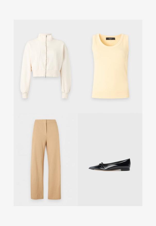 Veste courte écrue à manches longues, col montant, fermeture éclair devant, poignets et ceinture côtelés sur fond uni.; Débardeur en maille côtelée sans manches de couleur jaune pâle avec col rond et étiquette de marque noire à l'intérieur du col.; Pantalon beige taille haute à jambes larges avec un détail simple de couture frontale et une fermeture dissimulée, présenté sur fond blanc.; Chaussure plate en cuir verni noir avec un bout pointu, une petite lanière décorative et un petit talon carré. Texture lisse et design épuré.