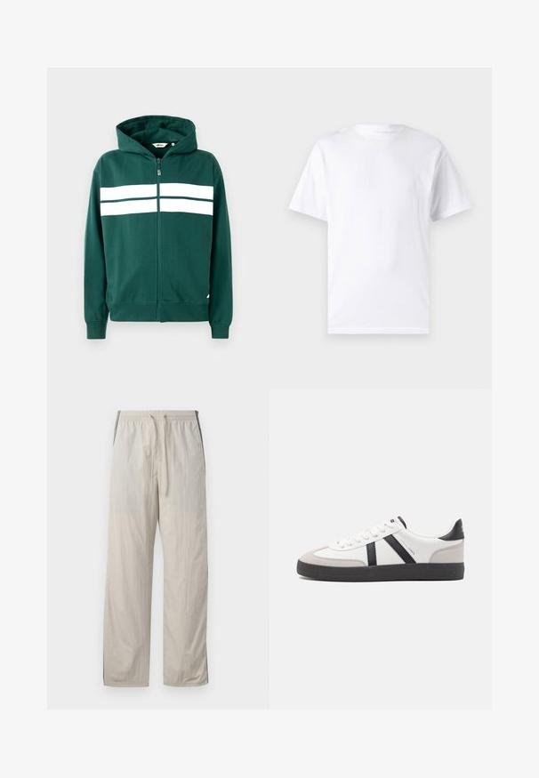 Grüne Zip-Hoodie aus weichem Stoff, mit gefütterter Kapuze und zwei weißen horizontalen Streifen über der Brust. Ribbed Bündchen und Saum.; Weißes kurzärmeliges T-Shirt aus Baumwolle mit Rundhalsausschnitt, das eine glatte Textur und ein einfaches Design ohne Muster oder Akzente aufweist.; Beige, leichte Jogginghose mit Kordelzug und elastischem Bund, ausgestattet mit dunklen Seitenpaneelen und einem lockeren, geraden Bein-Design.; Weiße Sneaker mit schwarz- und grau-aczenten, ausgestattet mit einer strukturierten grauen Zehenkappe, schwarzer Gummi-Sohle und flachen weißen Schnürsenkeln. Sauberes Design, minimalistische Stil.