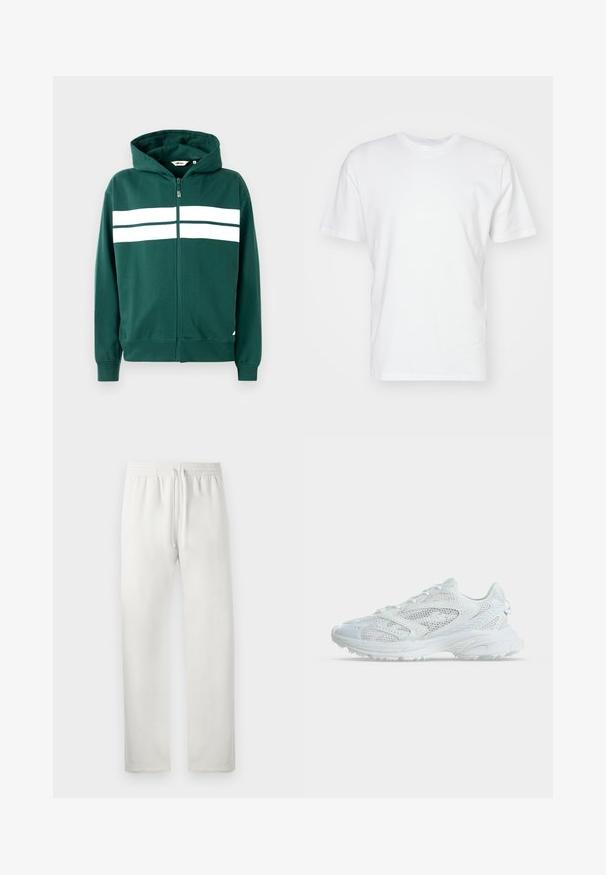 Sudadera verde con cremallera fabricada en una tela suave, que cuenta con una capucha forrada y dos franjas horizontales blancas en el pecho. Puños y dobladillo de canalé.; Camiseta de algodón blanca con manga corta, escote redondo y una textura suave. Diseño simple sin patrones ni gráficos.; Pantalones de chándal blancos hechos de una tela suave, con una cinturilla elástica y cordón, piernas rectas y sin patrones ni acentos visibles.; Zapatilla deportiva blanca con paneles de malla y suela texturizada, mostrada de lado sobre un fondo liso y claro.