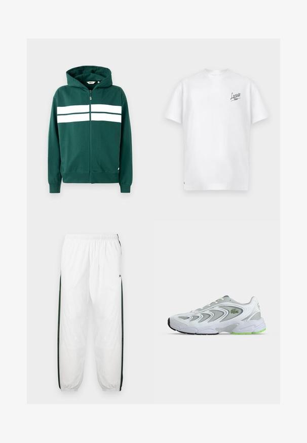 Groene ritshoodie van zacht materiaal, met een gevoerde capuchon en twee witte horizontale strepen over de borst. Geribbelde boorden en onderkant.; Witte katoenen t-shirt met een ronde hals en korte mouwen. Heeft een groen "Lacoste Paris" logo op de linkerborst. Zachte textuur.; Witte trainingsbroek met donkergroene zijpanelen. Lichtgewicht materiaal, elastische tailleband en boordjes aan de onderkant. Heeft een meshstructuur op de zijpanelen.; Witte en grijze sportschoen met groene accenten en logo, meshpanelen en een dikke, gedempte zool, zijaanzicht op een effen achtergrond.