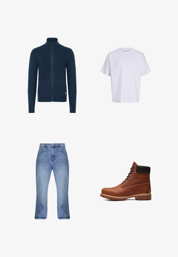 Gebreide marineblauwe zip-up trui met hoge kraag, voorzien van een ribbelstructuur en zijzakken. Afgewerkt met een metalen rits en een logo label.; Effen witte oversized T-shirt met korte mouwen, ronde hals en losse pasvorm tegen een witte achtergrond.; Lichtblauwe denim jeans met een hoge taille, rechte snit en licht uitlopende pijpen. Bevat klassieke vijf-pocket styling en riemlussen.; Bruine leren veterlaars met zwarte gewatteerde kraag, dikke beige zool en geperst boomlogo aan de hielkant.