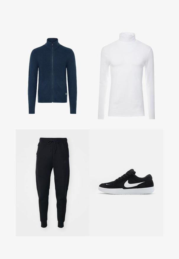 Strikket navy zip-up sweater med høj krave, der har ribbet tekstur og sidelommer. Afsluttet med en metal lynlås og logo-tag.; Hvid langærmet turtleneck skjorte lavet af blødt, strækbart materiale. Har en høj krave og et tætsiddende design, som giver en strømlinet silhuet.; Sorte joggere lavet af blødt stof, med snoretræk i taljen, smalle ben og sidelommer med et elegant design.; Sorte ruskindssneakers med hvide accenter, der har en rund tå, tyk hvid sål og sorte snørebånd. Fremtrædende hvidt Nike-logo på siden.