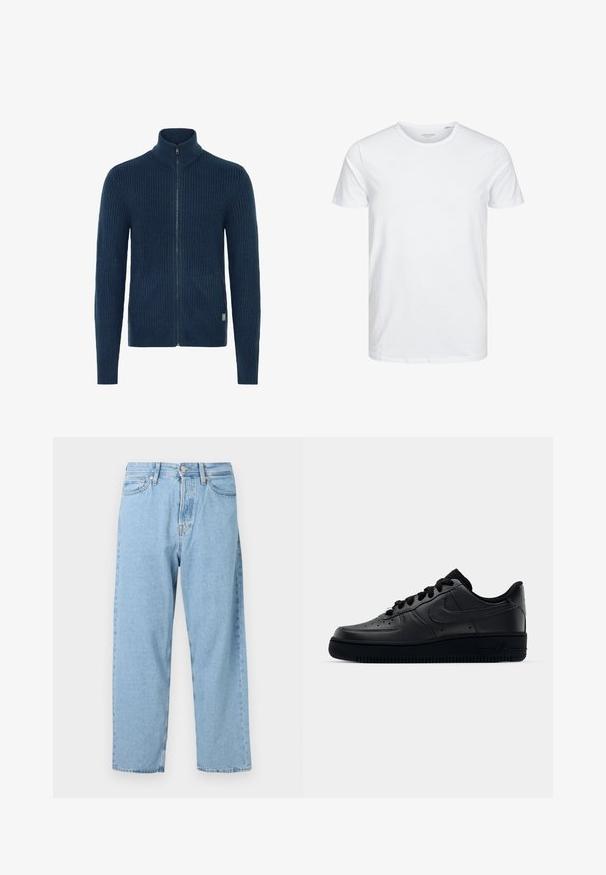 Strikket navy zip-up sweater med høj krave, der har ribbet tekstur og sidelommer. Afsluttet med en metal lynlås og logo-tag.; Rundhals kortærmet t-shirt i ensfarvet hvid, lavet af blød bomuld, har et simpelt design uden synlige mønstre eller detaljer.; Lyseblå høj talje straight-leg jeans med fem lommer samt en frontlukning med knap og lynlås.; Sort Nike Air Force 1 sneaker med en glat læderoverdel, perforeret tå for åndbarhed, sorte snørebånd og en textured gummisål.