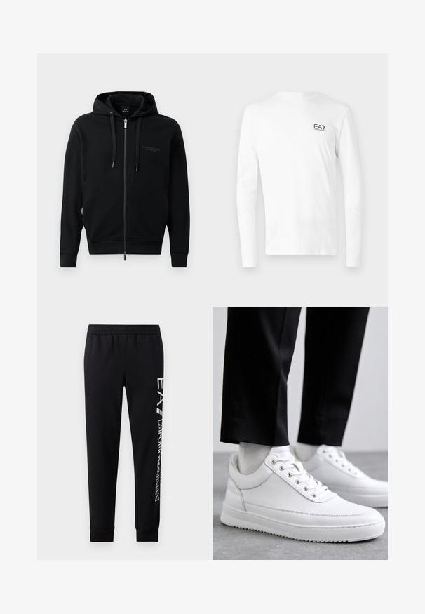 Μαύρο hoodie με φερμουάρ, φτιαγμένο από μαλακό ύφασμα, διαθέτοντας κουκούλα, κορδόνια και ανάγλυφο λογότυπο στο στήθος. Αεροδυναμική εφαρμογή με ριμπ μανσέτες.; Λευκό μακρυμάνικο μπλουζάκι από βαμβάκι, με μικρό μαύρο λογότυπο EA7 στην αριστερή πλευρά του στήθους. Απλό σχέδιο με στρογγυλή λαιμόκοψη.; Μαύρο παντελόνι φόρμας από μείγμα βαμβακιού, με ελαστική μέση, κομμάτια με κωνική γραμμή, ριμπ μανσέτες και λευκή εκτύπωση λογότυπου κατά μήκος της πλευράς.; Λευκά δερμάτινα αθλητικά παπούτσια με επίπεδη καουτσούκ σόλα, με λείο φινίρισμα, στρογγυλή μύτη και μεταλλικές θηλιές για τα κορδόνια. Φορεμένα με μαύρο παντελόνι.