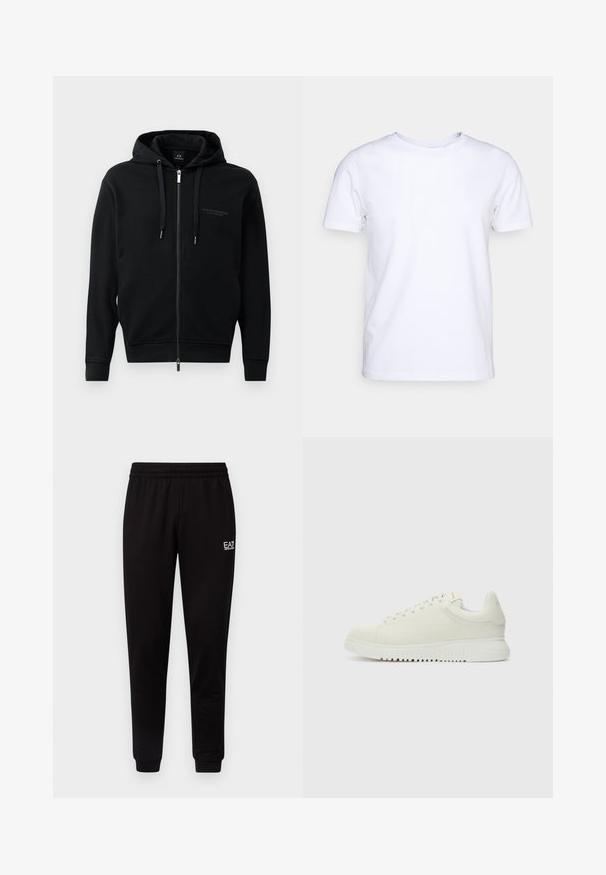Μαύρο hoodie με φερμουάρ, φτιαγμένο από μαλακό ύφασμα, διαθέτοντας κουκούλα, κορδόνια και ανάγλυφο λογότυπο στο στήθος. Αεροδυναμική εφαρμογή με ριμπ μανσέτες.; Λευκό κοντομάνικο μπλουζάκι από βαμβακερό ύφασμα με στρογγυλή λαιμόκοψη. Απλός σχεδιασμός χωρίς μοτίβα ή λεπτομέρειες. Λείο υφή.; Μαύρες φόρμες με ελαστική μέση, μυτερά πόδια και μικρό λευκό λογότυπο στην επάνω αριστερή πλευρά. Με λεία υφή και απλό σχέδιο.; Λευκό δερμάτινο sneaker με υφή στην πάνω επιφάνεια, στρογγυλή μύτη, επίπετη λευκή σόλα και τόνος κορδόνια. Διακριτική σήμανση στη γλώσσα.