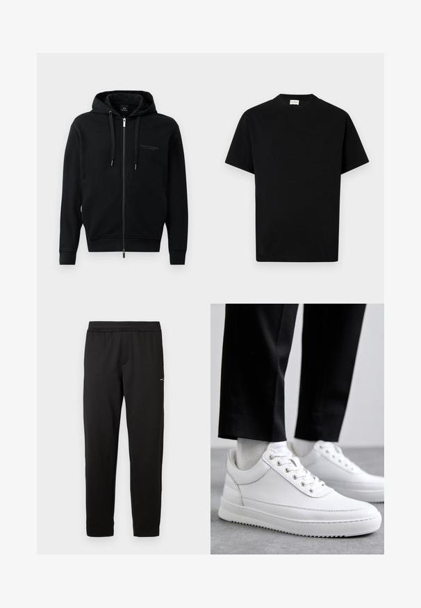 Sweat à zip noir en tissu doux, avec capuche, cordons de serrage et logo en relief sur la poitrine. Coupe ajustée avec poignets côtelés.; T-shirt en coton noir avec un col rond, des manches courtes et une coupe droite. Pas de motifs visibles ni de détails matériels.; Pantalon de sport noir en tissu doux. Taille élastique et poignets élastiques. Présente un petit logo sur le côté. Coupe droite.; Baskets blanches en cuir avec une semelle en caoutchouc plat, présentant une finition lisse, un bout rond et des œillets en métal pour les lacets. Portées avec un pantalon noir.