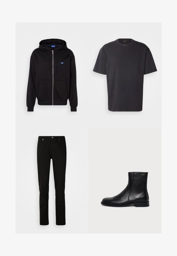 Schwarze Zip-Hoodie aus Baumwolle mit Kängurutasche, verstellbarem Kordelzug und blauen Logo auf der linken Brustseite.; Schwarzes T-Shirt mit kurzen Ärmeln aus Baumwolle, mit rundem Halsausschnitt und dezentem Branding am Kragen. Weiche Textur mit lässiger Passform.; Schwarze Jeans mit geradem Bein, vorne mit Knopf- und Reißverschluss, Vorder- und Gesäßtaschen, dargestellt vor einem schlichten hellen Hintergrund.; Schwarzer Leder-Knöchelstiefel mit niedrigem Absatz, seitlicher Naht und kleinem "HUGO" Logo am oberen Schaft vor einfarbigem Hintergrund.