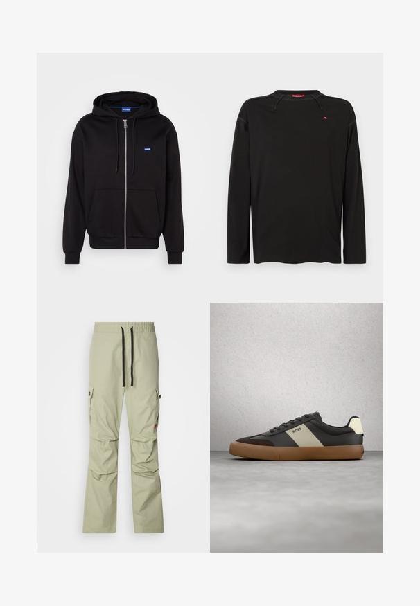 Schwarze Zip-Hoodie aus Baumwolle mit Kängurutasche, verstellbarem Kordelzug und blauen Logo auf der linken Brustseite.; Schwarzes Langarmshirt aus glattem Stoff mit rundem Ausschnitt, versehen mit rotem Branding auf der Brust und kontrastierenden Steppnähten.; Hellgrüne Cargo-Hose mit lockerem Schnitt, elastischem Bund, schwarzem Kordelzug, zwei seitlichen Taschen und dezenten Nähdetails.; Schwarzer und brauner Sneaker mit beigem Streifen und "BOSS"-Logo, schwebt über grauem Betonboden vor Glasbausteinwand.