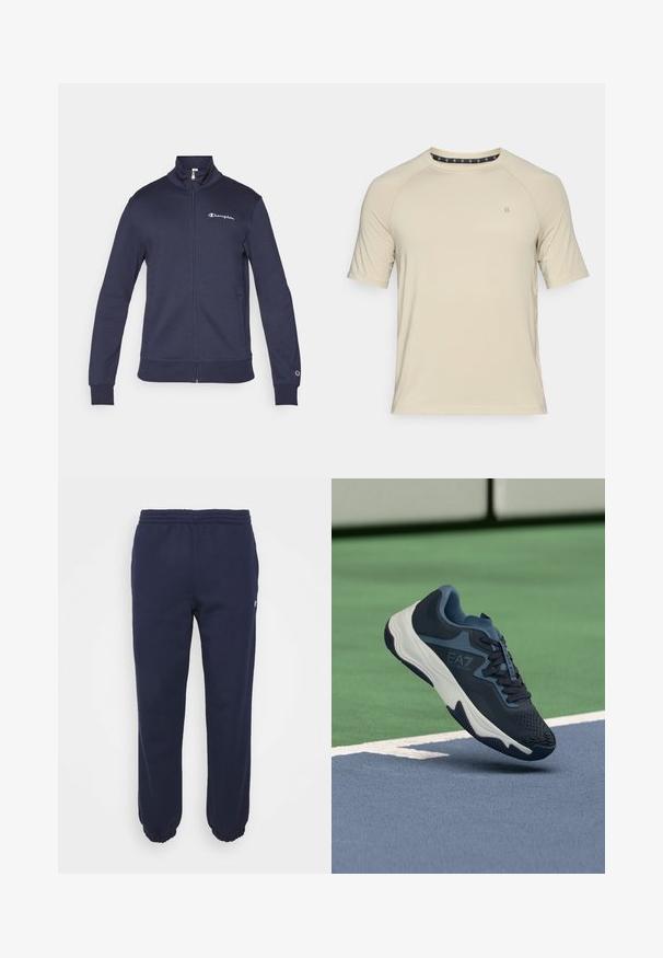 Veste de sport bleu marine zippée avec col haut, logo Champion sur la poitrine et la manche, et poches latérales.; T-shirt beige à manches courtes en tissu lisse. Doté d'un col rond et d'un logo subtil sur la poitrine, avec un design épuré et sans motifs.; Pantalon de survêtement bleu marine avec une taille élastique et des poignets froncés. Fabriqué en matériau doux, avec un petit logo sur le côté.; Baskets bleu foncé et blanc avec lacets flottant au-dessus d'un court de tennis avec des sections vertes et bleues.