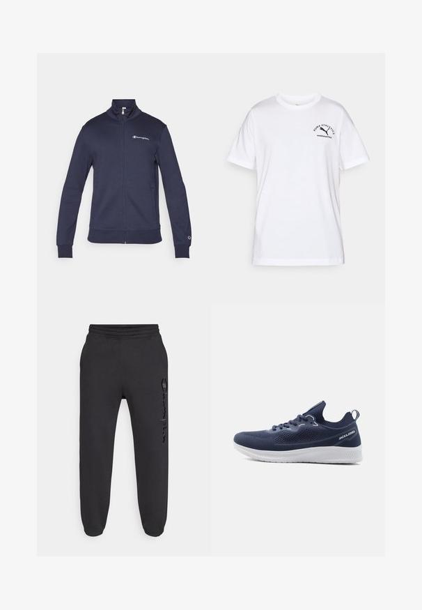 Veste de sport bleu marine zippée avec col haut, logo Champion sur la poitrine et la manche, et poches latérales.; T-shirt en coton blanc avec col rond et manches courtes. Présente un logo en texte noir et une illustration sur le côté gauche. Design basique et dépouillé.; Pantalon de jogging noir avec une taille élastique et des poignets élastiques. Présente un léger éclat et un logo texturé sur la jambe gauche.; Chaussure de sport tricotée bleu marine avec semelle blanche, design à lacets, languette au talon et logo "JACK & JONES" sur le côté.